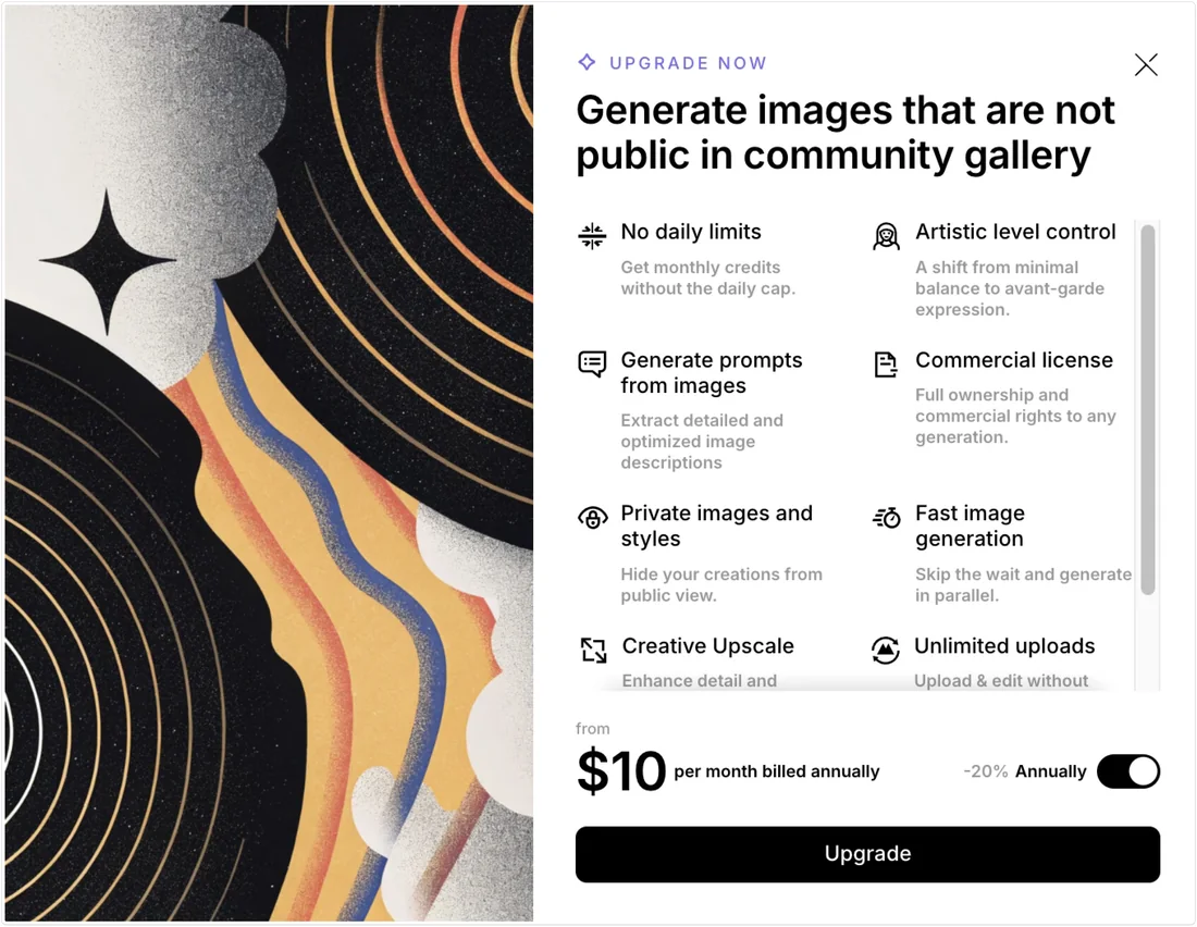 The upgrade screen: “Generate images that are not public in community gallery”.