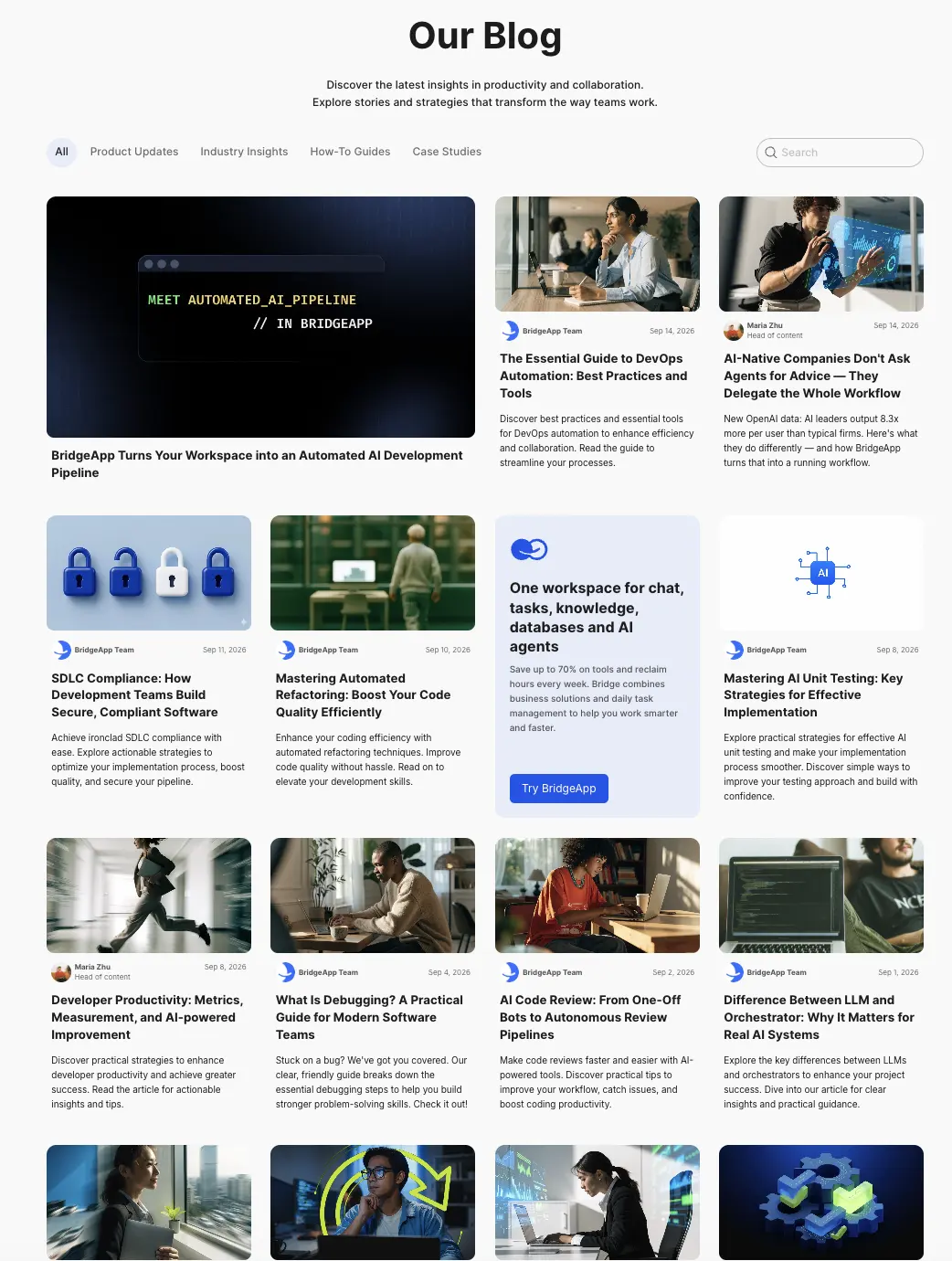 BridgeApp blog homepage with a featured article about the automated AI development pipeline