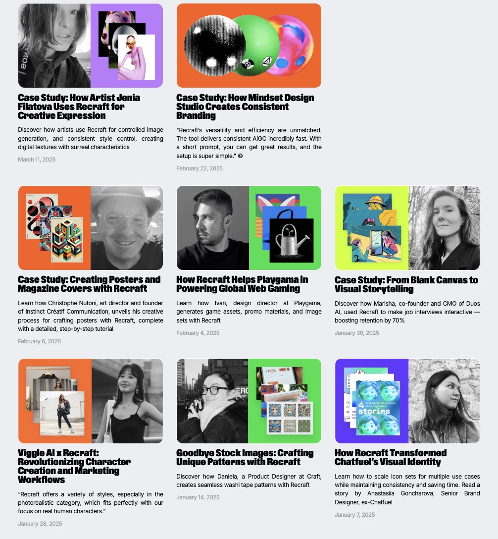 Recraft case studies: Jenia Filatova, Mindset Design Studio, Christophe Nutoni, Playgama, Duos AI, Viggle AI, Craft, Chatfuel