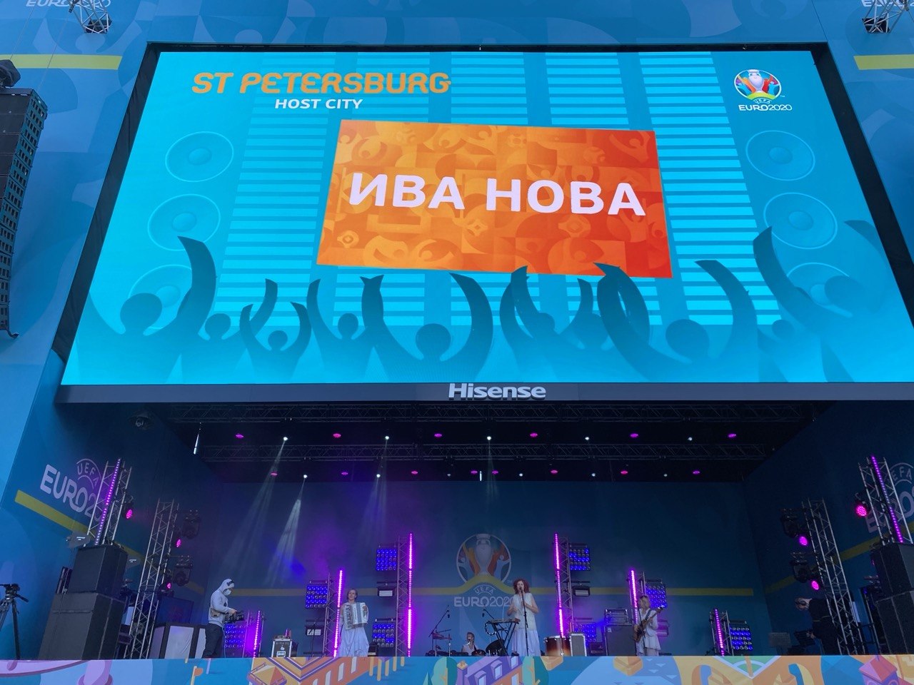 Iva Nova on the UEFA Festival stage in St. Petersburg, the band’s name on the big screen