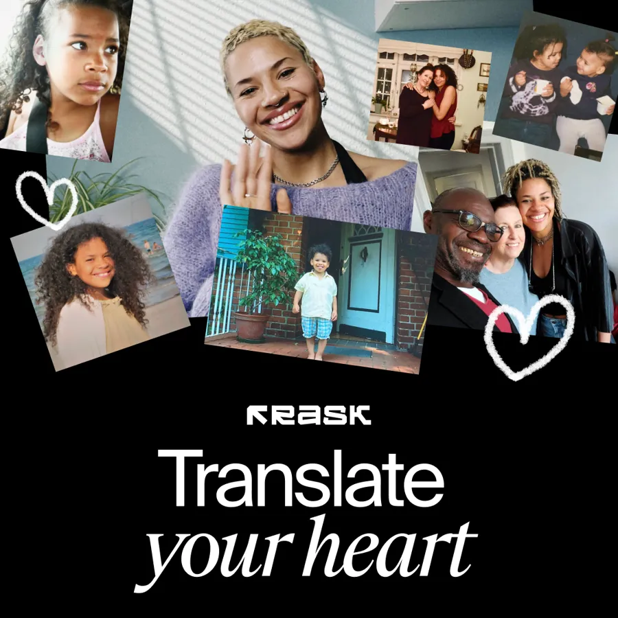 Translate your heart key visual: family photos around a smiling woman, Rask logo