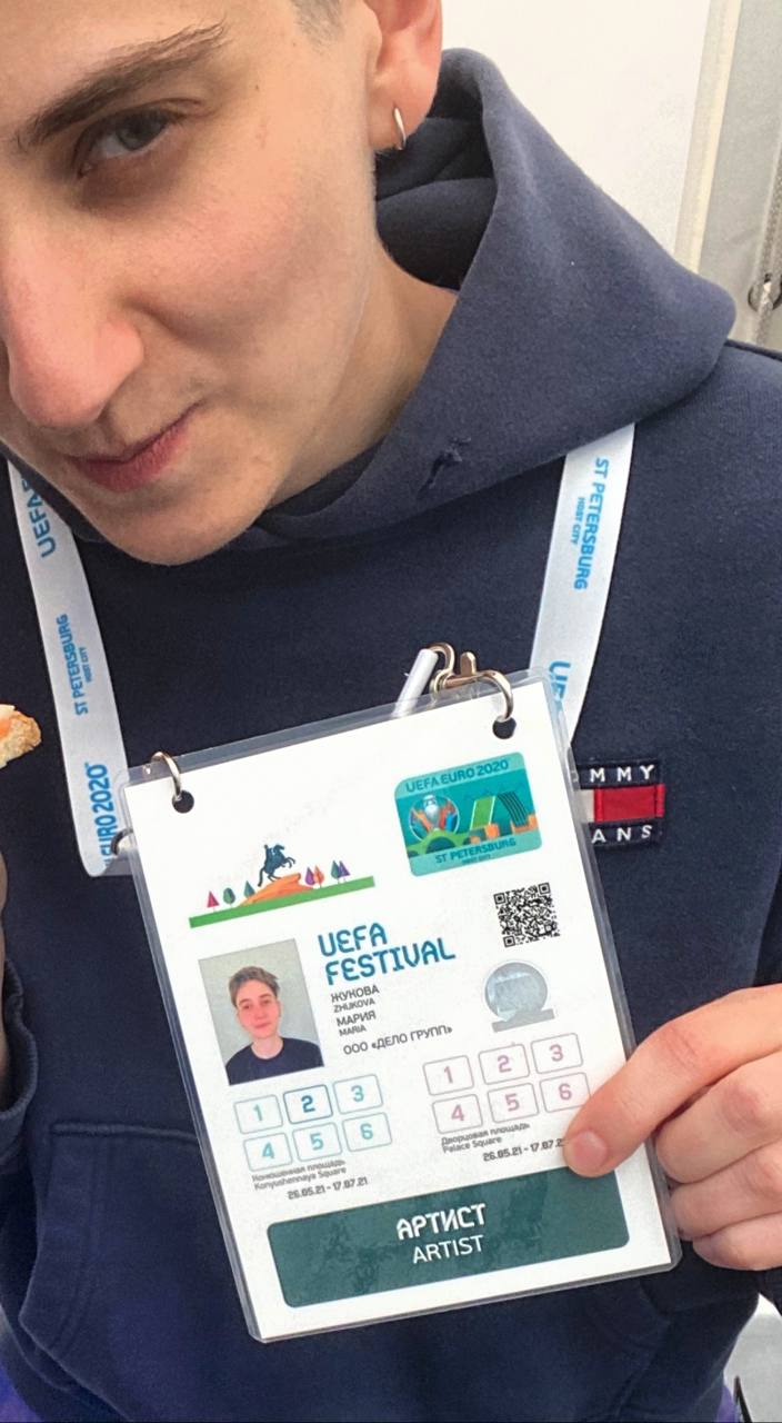 Maria Zhukova with her artist pass at the UEFA Festival in St. Petersburg