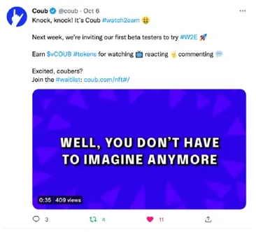 Coub tweet: first beta testers for watch-to-earn