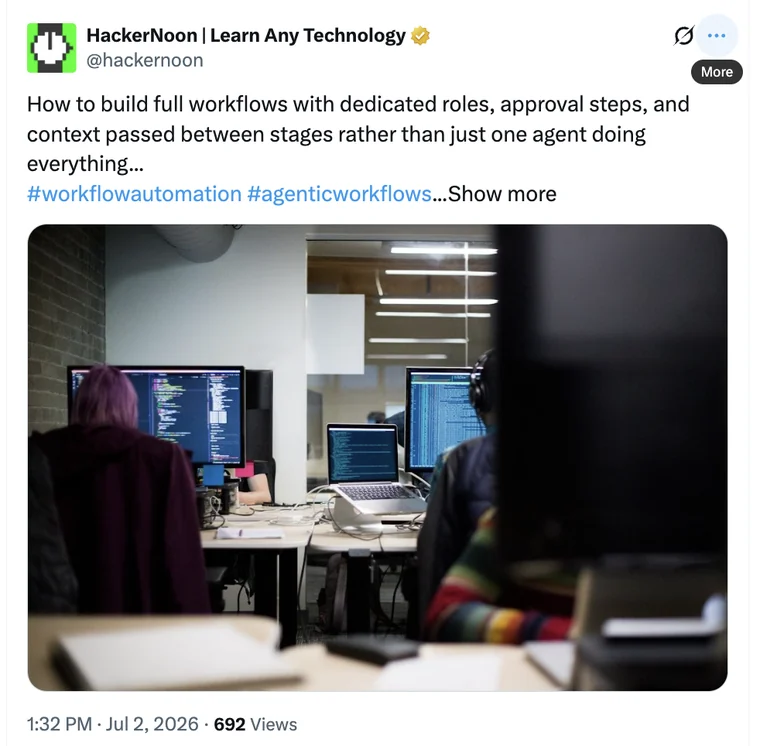 HackerNoon’s post on X sharing the story about virtual development teams made of AI agents, 692 views