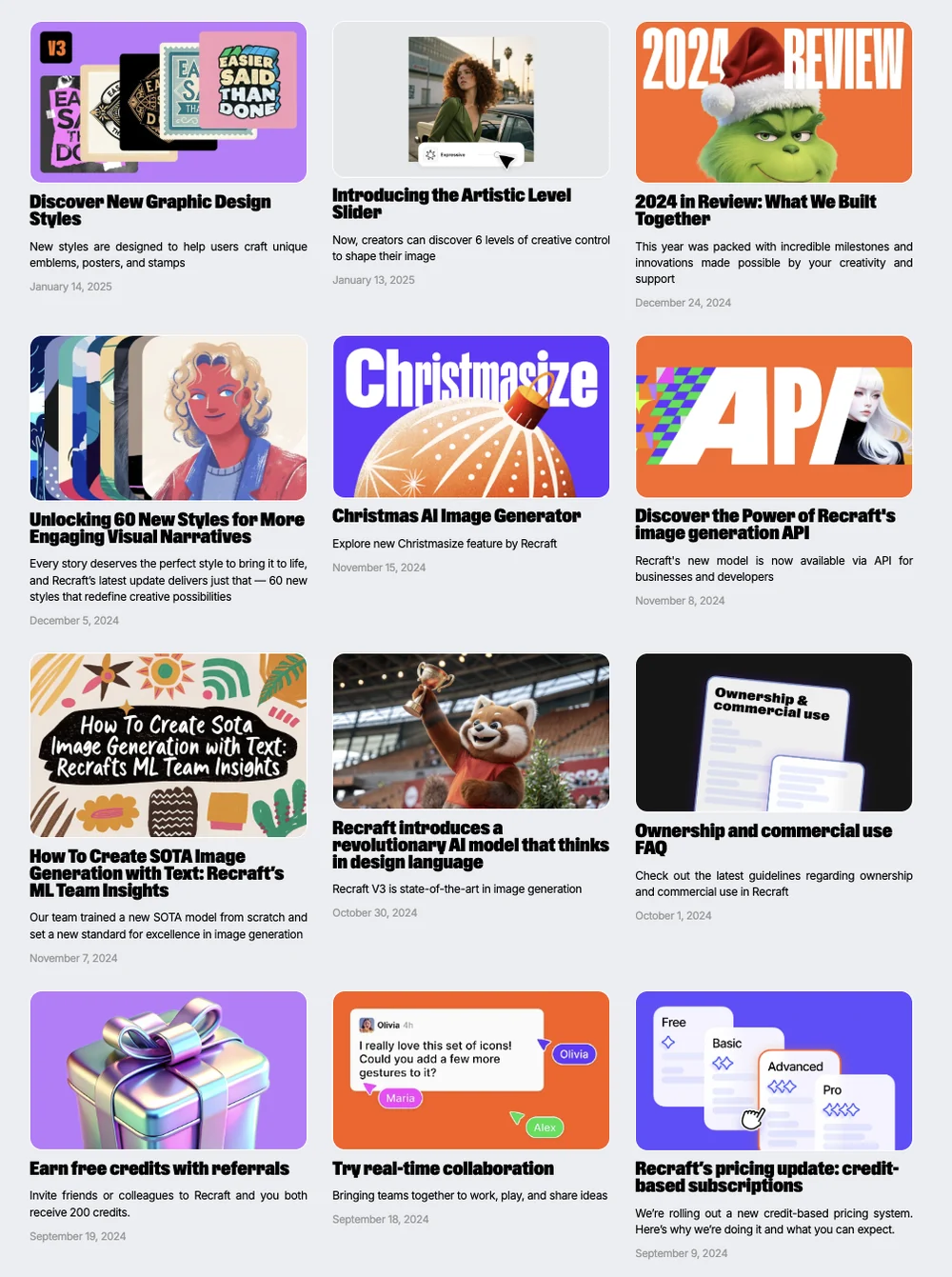 Announcement posts on the Recraft blog, with their cover visuals.
